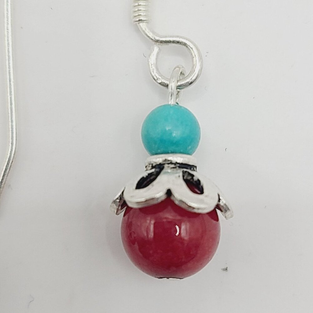 Vtg Southwestern Sterling Silver Turquoise & Coral Earrings 925 Hook Earrings - Picture 5 of 7